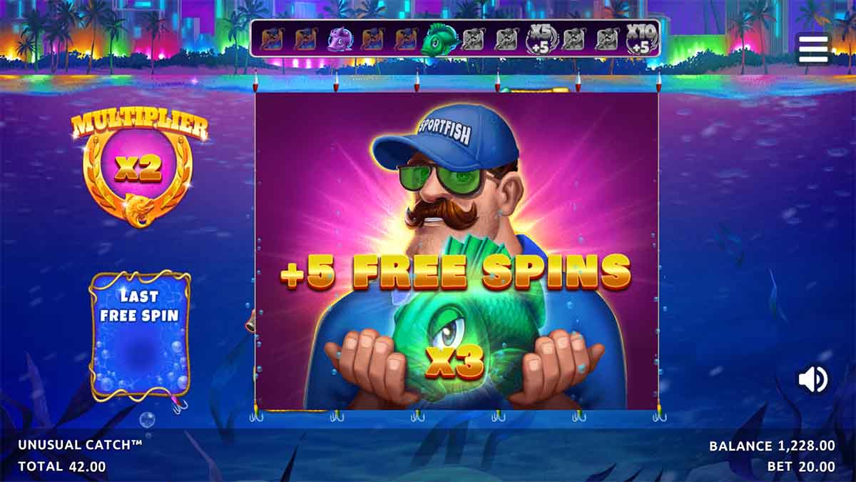 Unusual Catch Win slot game by Northern Lights Gaming, showing +5 Free Spins